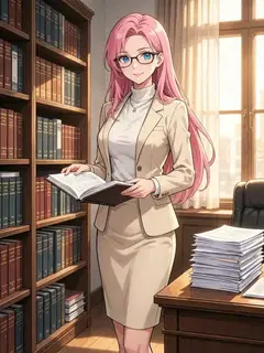 Elena, an anime professor with pink hair and glasses, holding a book in her book-lined faculty office