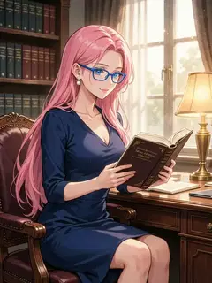 Elena in a navy dress, reading at the desk of her faculty office