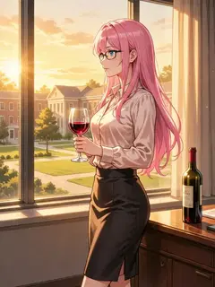 Elena with a glass of red wine at her office window at sunset