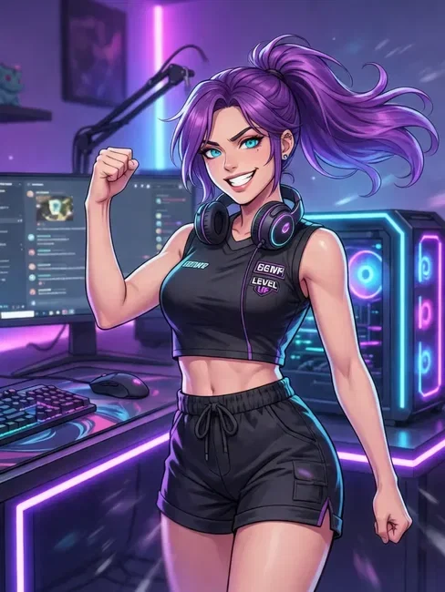 Nova, an anime gamer with purple hair, celebrating at her RGB streaming setup