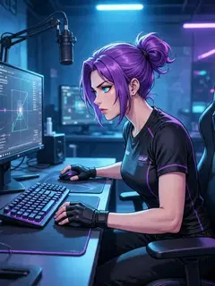 Nova focused on a match at her gaming desk, with headset and microphone