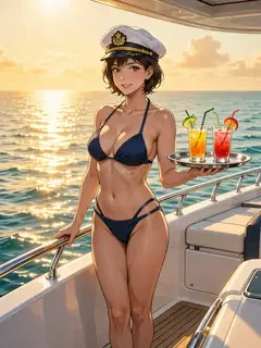 Yuki in her captain's cap and navy bikini, serving drinks on the yacht at sunset