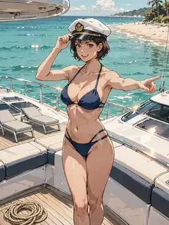 Yuki in her captain's cap and navy bikini, pointing out the coast from the deck