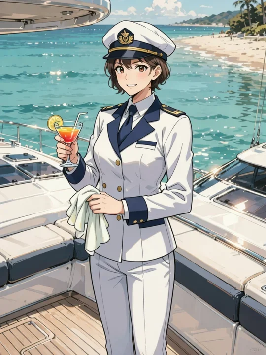 Yuki in her white captain's outfit on the deck of the yacht, holding a cocktail