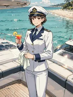 Yuki in her white captain's outfit on the deck of the yacht, holding a cocktail